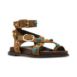 Steve Madden Womens Linear Embellished Strappy Sandals Taupe Suede Size 10 NIB